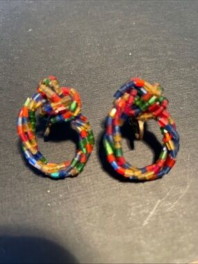 Vintage Colorful Beaded Hoop Clip-On Earrings
